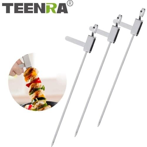 TEENRA 3/6Pcs Stainless Steel Barbecue Sticks Non-stick BBQ Needle Kebab Stick Utensil Long Meat kebab BBQ Accessories