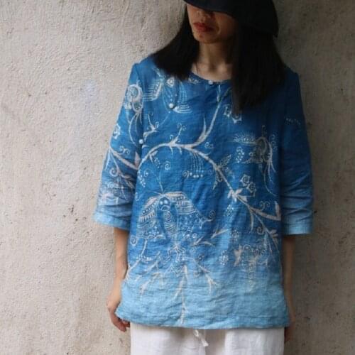 Blue Dyed Chinese Style Digital Printing Pure Ramie Top with Buckle Shirts 2021 Fashion Women