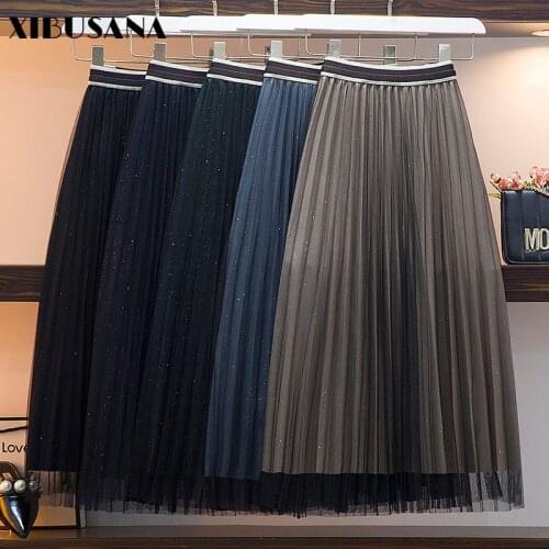 XIBUSANA Two Sides Wear 2020 Autumn Winter Gold Velvet Skirt Womens Elastic High Waist Solid Lace Net Yarn A Line Skirts Female