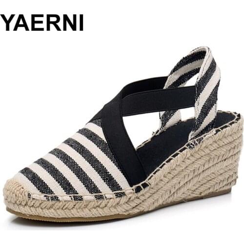 YAERNIEspadrilles Wedge Sandals Ankle Strap Summer Canvas Platform Wedges Fashion Stripes Slip On Women Platform High Heel Shoes