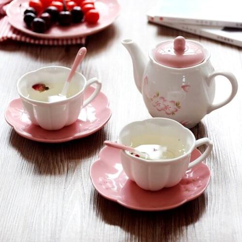 Japan Style sakura ceramic decorative coffee tea sets drinkware cups with handgrip saucers milk tea coffee cup spoon tea bottle
