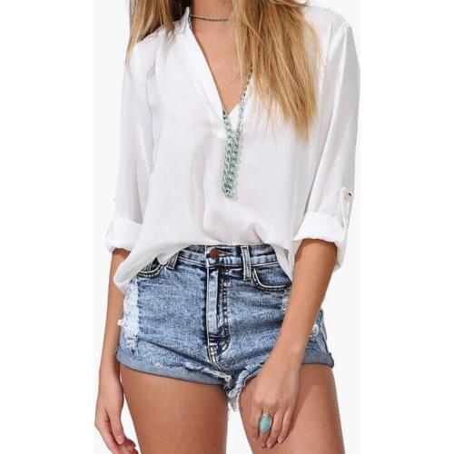 Women Chiffon Shirt Spring Summer Autumn Womens Long-sleeve Casual White,Black,Blue Chiffon Shirt V neck Blouse Large Size