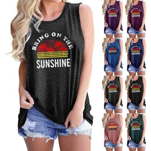 INITIALDREAM Summer Tops For Women 2021 Coconut tree and sunshine Print Tank Tops Women Cotton Sleeveless T-shirt Plus Size