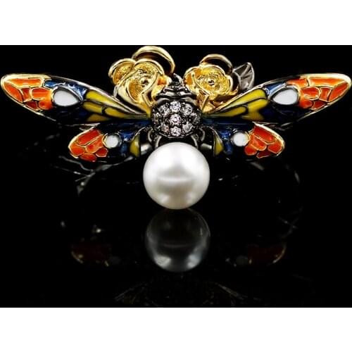 CIZEVA 925 Silver Ring for Women Cute Colored Bee Enamel Epoxy Finger Ring Luxury Nature Pearl Black Gold CZ Cocktails Jewelry