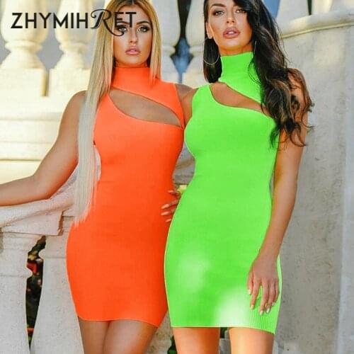 ZHYMIHRE Sexy Hollow Out Neon Color Dress Women Ribbed Skinny Bodycon Dress Streewear 2019 Summer Clothes For Women