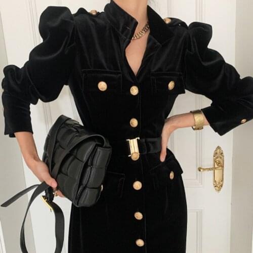 2021 Autumn New Elegant Retro Metal Button Full Sleeves Long Dress Stand Collar Single Breasted Belted Slim Velvet Dress Women