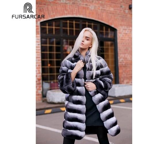 FURSARCAR Chinchilla Women Winter Rex Rabbit Coat Real Natural Fur Coat Whole Skin With Fur Collar Jacket Classic Ctyle Fashion