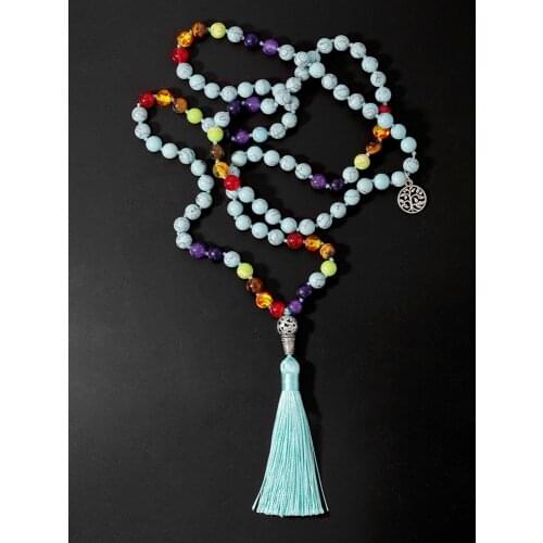 OAIITE Turquoise 7 Chakra 108 Mala Necklace Natural Stone Meditation Yoga Necklace for Women Men