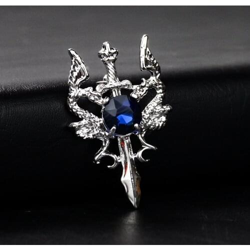 Exaggerated Retro Double Dragon Sword Brooch Mens Domineering Sapphire Suit Brooch Coat Pin DIY Collar Backpack Decor Accessory