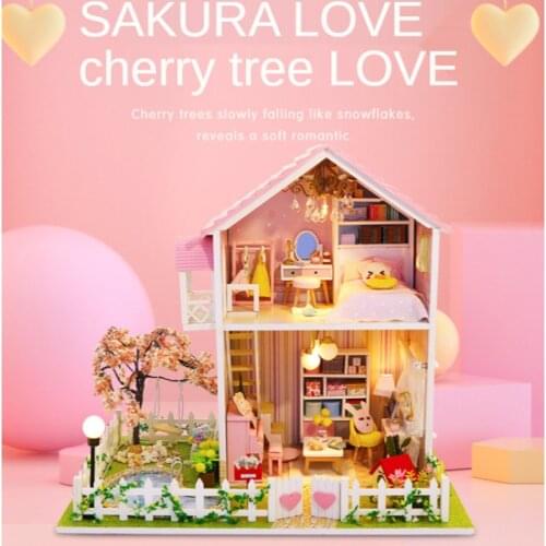 Sakura Tree Pink Diy DollHouse Wooden Miniature Furniture Doll House maison Model Building Kits casa Toy For Kids Girl Xmas Gift
