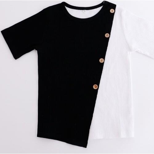 Kids Clothes T shirt Baby Girls and Boys Clothes Round Neck Short Sleeves Fashion Children T-shirt Ribbed Contract Patched color