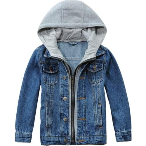 Boys Denim Jacket With Hood Solid Fashion Design Kids Casual Blue Jean Coat For Baby Girl 2-14 Years Outwear FM019