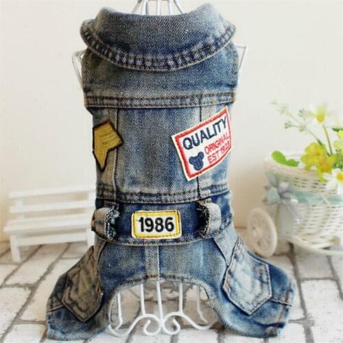 Pet Hooded two-legged jeans pants dog jean clothes Teddy Bichon dog clothing conjoined cowboy with cap 1986 label High Quality