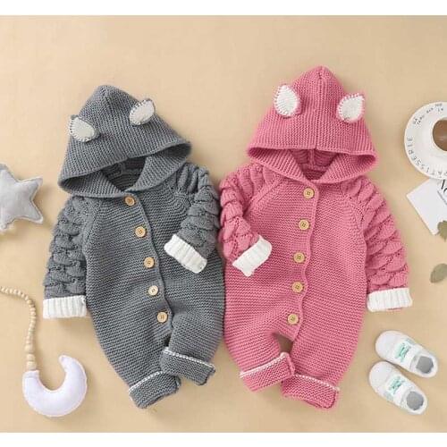 Baby Rompers Infant Girl Boys Cartoon Hooded Knitted Jumpsuit Outfits Baby Long Sleeve Autumn Clothes Winter Warm Children Wear