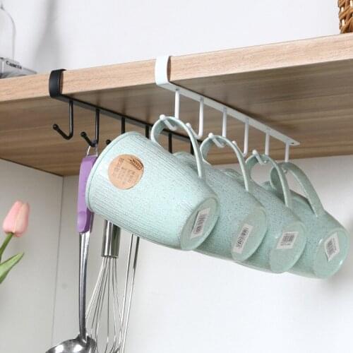 Kitchen Hanger 6 Hooks Metal Under Shelf Mug Cup Cupboard Kitchen Organiser Hanging Rack Holder Bathroom Kitchen Storage Rack
