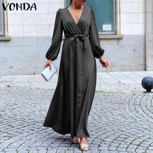Summer V Neck Puff Sleeve Dress Bohemian Vestidos S- VONDA Women Casual Solid Color Pleated Maxi Satin Dresses