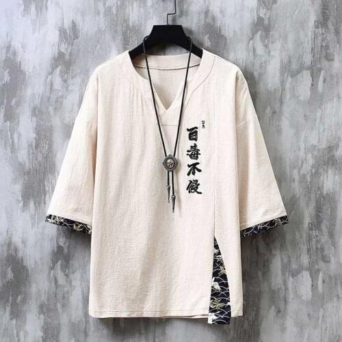 Summer Men Cotton Linen Blouse Short Sleeve T Shirt Chinese Traditional Clothes Male Hanfu Tang Suit Streetwear Tees Tops KK3388