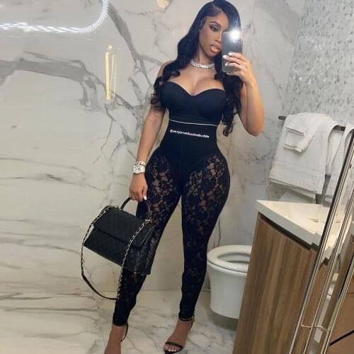 Fashion Streetwear Black Lace Pants Women Joggers Sexy Letter Print High Waist Zipper See Through Bodycon Pencil Pants Trousers