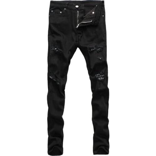 American Streetwear Black Punk Trousers Fashion Men Jeans Elastic Slim Fit Ripped Jeans Men Patches Designer Hip Hop Punk Pants