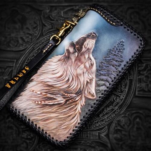 Handmade Men Genuine Leather Card Holder WOLF Knitting Wallets Bag Purses Man Clutch Vegetable Tanned Leather Long Wallet