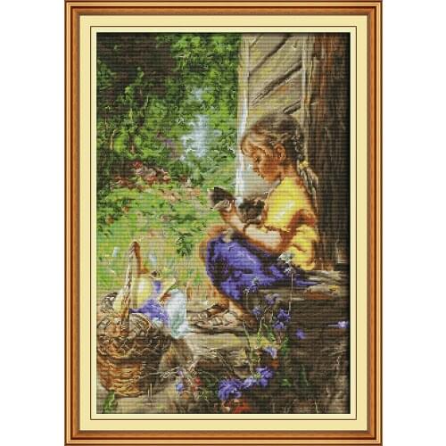 Girl and kitten cross stitch kit animal18ct 14ct 11ct count print stitching embroidery DIY handmade needlework plus