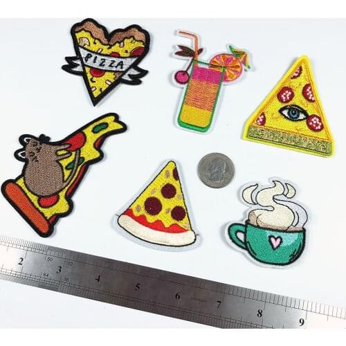 Pizza Mouse Fast Food Patches Iron On Stickers Cartoon Tea Cup Appliques Drink Heat Badges Coat Clothes Decor Parches for Kids