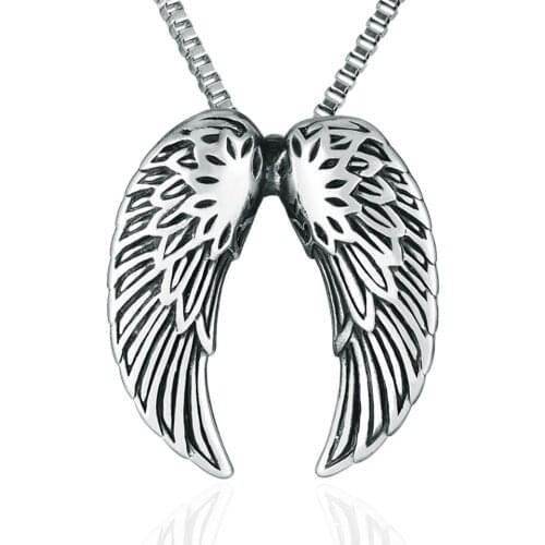 Stainless Steel Angel Wings Feather Men Punk Rock Pendant Necklace with Box Chain Gift For Him