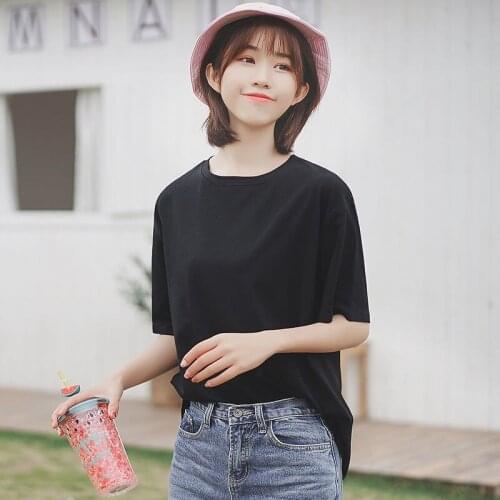 Cotton Korean Loose Casual Casual Casual Casual Solid Color Short Sleeve T-shirt Womens 2021 New Hong Kong Style Student Top