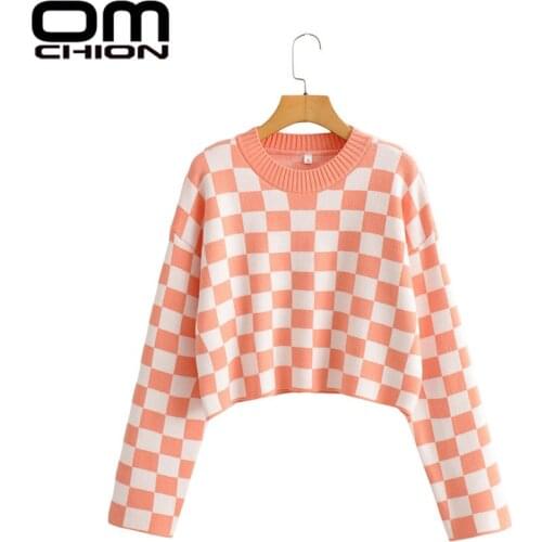 OMCHION Sueter Mujer 2021 Korean O Neck Loose Knit Chessboard Plaid Short Sweater Women Casual Chic Pluuover Femme Jumper BR48