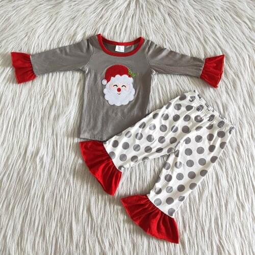 Wholesale children winter long sleeve outfit girl cute santa top and dot ruffle pants 2pcs set girl Christmas outfit