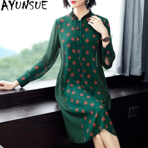 2020 New Spring Summer 100% Silk Dress Women Fashion Green Floral Shirt Dress Elegant Bohemian Casual Vestidos Mujer KJ2086