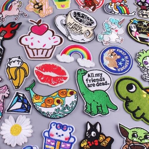 Pulaqi Cute Cartoon Rainbow Lips Embroidery Patches For Clothing Iron On Patches On Clothes Animals Stripes Cat Unicorn Applique