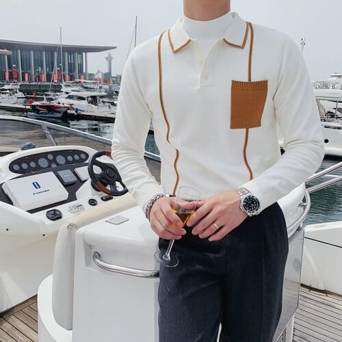 White Casual Polo Shirt Men Mode Homme British Contrast Color Knitted Polera Hombre Polo Men Lapel Long-sleeved Polo Shirt