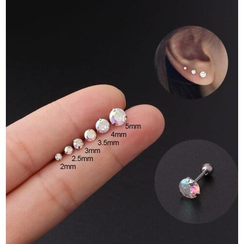1Piece 2-5mm AB Colorful Zircon Cartilage Earrings Stainless Steel Simple Round Small Stud Earring Helix Boby Piercing Jewelry