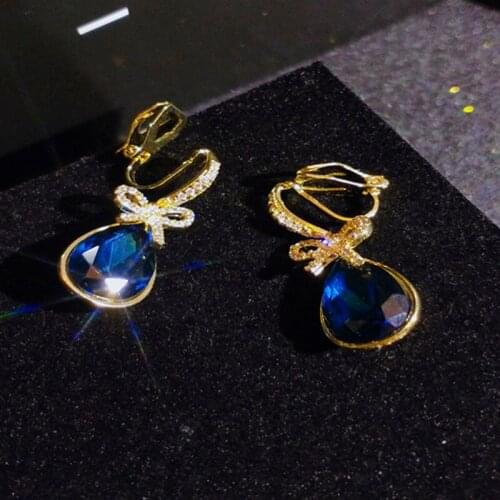 Blue CZ Crystal Waterdrop Bow Pendant Earring Romantic Gold Color No Pierced Clip Earrings for Women/Girls Anti-allergy Jewelry