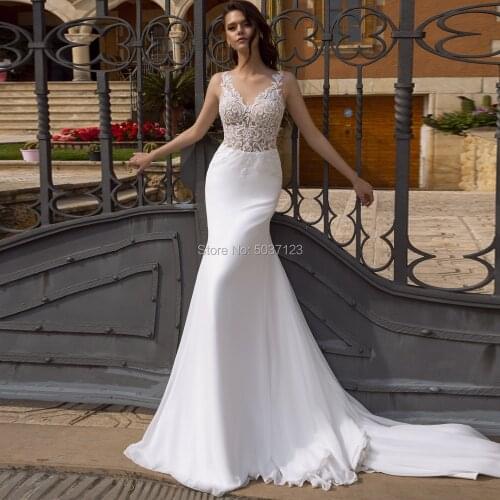 Chiffon Mermaid Wedding Dresses Vestido De Noiva Sleeveless Button Illusion Lace Appliques Sweep Train Bridal Gown