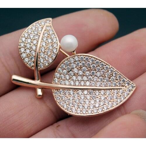 Hermosa Leaf Shaped Brooches Pins Shiny White Zircon Women Fashion Jewelry Rose Gold Brooch Pretty Bridal Wedding Gift