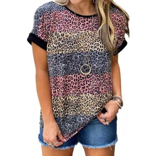 2021 Summer Ladies Fashion Casual Loose T-Shirt Short Sleeve Breathable Cotton O Neck Leopard Patchwork Women Plus Size T Shirts