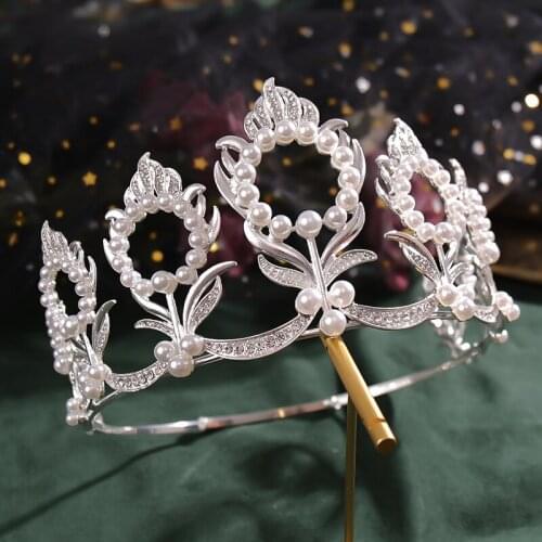 Pearl Rhinestone Crown and Tiara Wedding Accessories Round Crown Head Jewelry For Bride Hair Jewelry Hairband