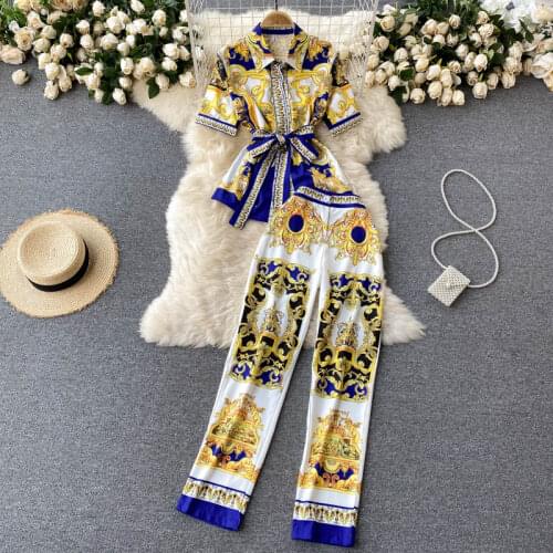 Womens Summer Fashion Brand Designer Runway Trousers Set Lapel Shirt And Slim Pencil Pants Two-piece Suit
