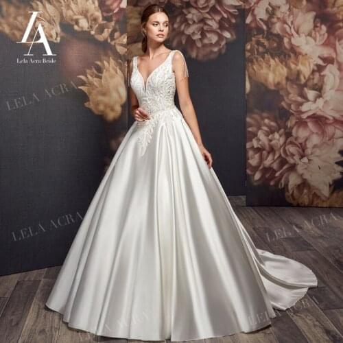 Wedding Dress Vintage Beaded Satin A-Line V-neck Backless Bridal Gown 2021 Princess Court Train LelaAcra AX62 Vestido De Novia