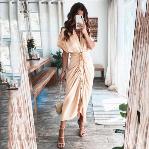 Party Wrinkle Dress Damen Mode 2021 Kleider Womens Silk V Neck Long Dress Short Sleeve Summer Dress Lazy Style Dress