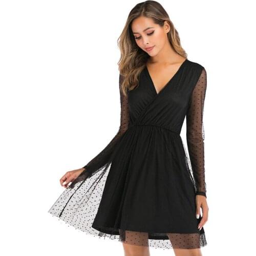 2020 Summer Fashion Sexy Deep V-neck Dresses Women Mesh Dress Female Long Sleeve Transparent Dress Lady Club Wear Dress