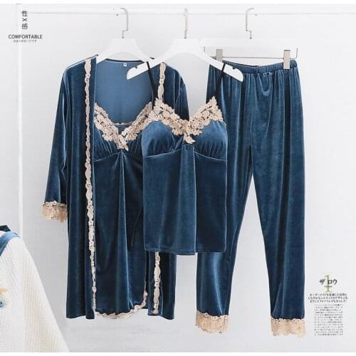 4 Four PCS Velour Winter Robe Gown Sleep Suit Womens Nighty Bathrobe Sets With Chest Pads Nightgown Strap Top&Pants Homewear