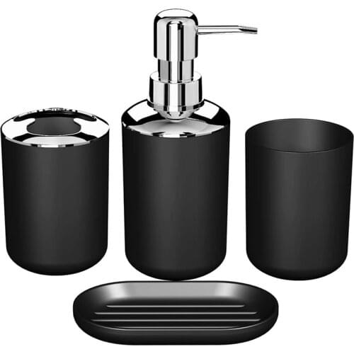 4 Pcs Plastic Bathroom Accessory Set,Bath Toilet Brush Accessories Set with Toothbrush Holder,Toothbrush Cup(Black)