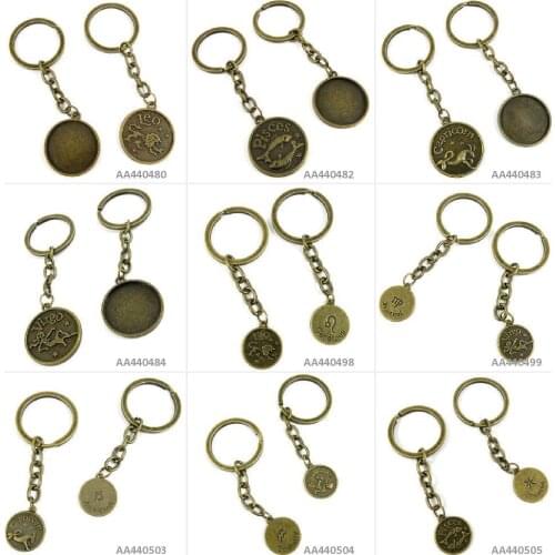 Antique Bronze Tone Keychain Keyring Keytag Pisces Tag Aquarius Capricorn Virgo Leo Signs Cabochon Blank Bracelet Pendant Charms