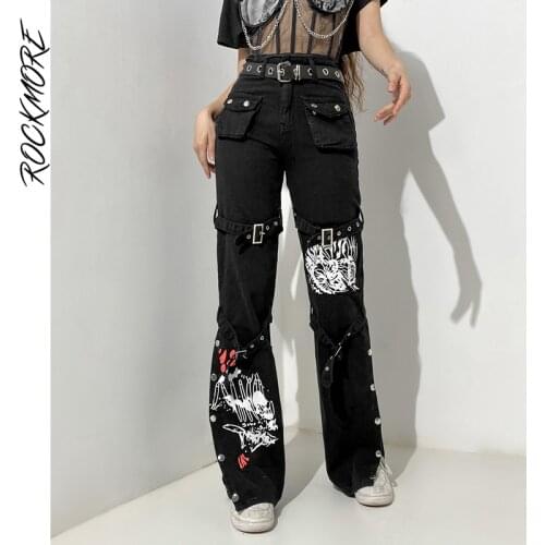 Rockmore Punk Buckle Print Jeans Woman Black Goth Low Waist Cargo Pants Techwear Dark Academic E Girl Boyfriend Denim Trousers