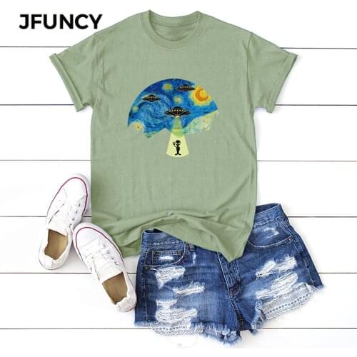 JFUNCY Funny UFO Graphic Tees Women Tops 100% Cotton Summer T-shirt Plus Size Short Sleeve Woman Shirts Lady Casual Tshirt