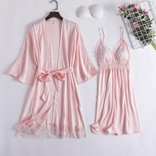 Sexy Womens Nighty Robe Nightgown 2PCS Lace Bathrobe Gown Sets Bride Summer Silky Satin Komono Strap Dress Sleepwear Sleep Suit