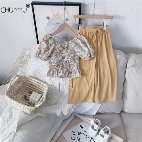 Girls Clothing Sets New Summer Kids Clothes One-shoulder Floral Chiffon Top + Wide-leg Pants 2 Pcs Set Children Clothing